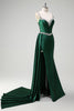 Load image into Gallery viewer, Sparkly Dark Green Mermaid Side Streamer Sequined Corset Satin Prom Dress with Slit