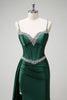 Load image into Gallery viewer, Sparkly Dark Green Mermaid Side Streamer Sequined Corset Satin Prom Dress with Slit