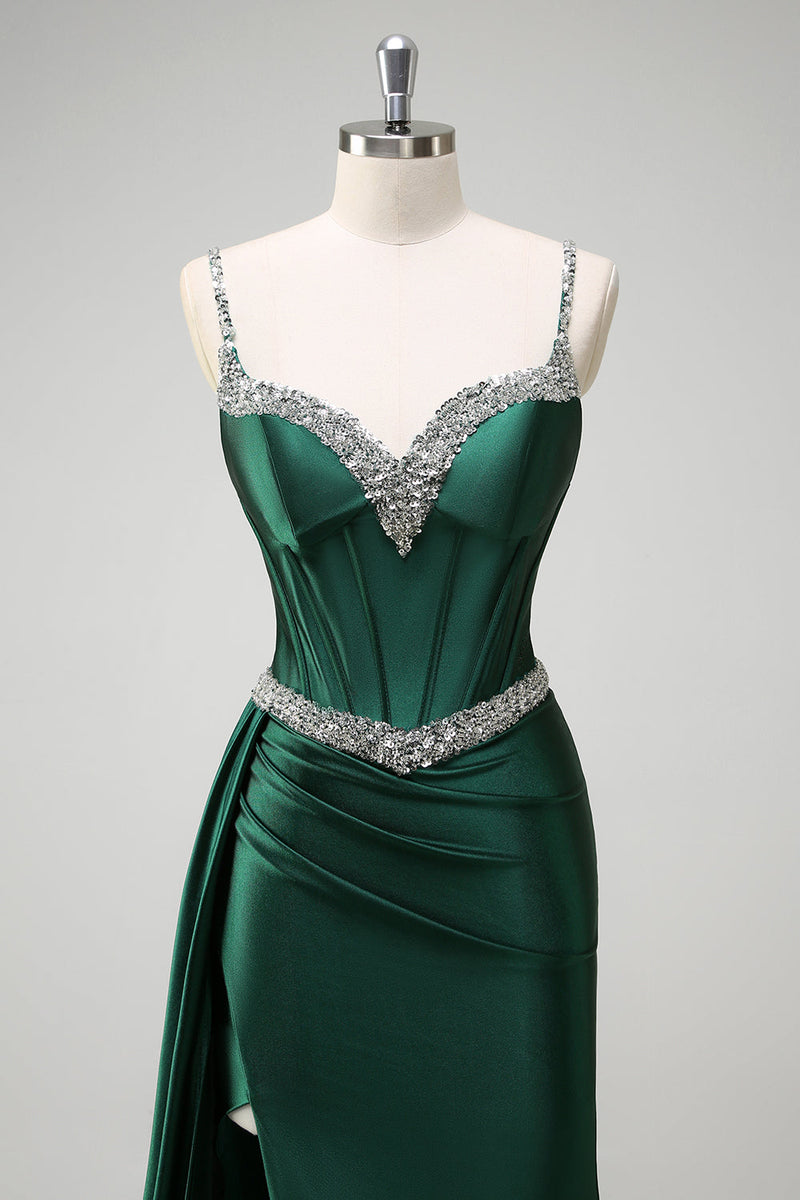 Load image into Gallery viewer, Sparkly Dark Green Mermaid Side Streamer Sequined Corset Satin Prom Dress with Slit