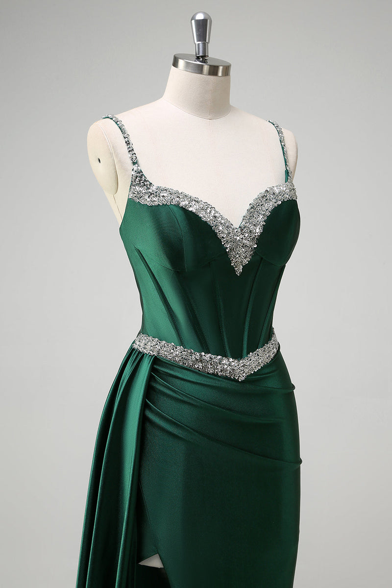 Load image into Gallery viewer, Sparkly Dark Green Mermaid Side Streamer Sequined Corset Satin Prom Dress with Slit