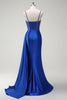 Load image into Gallery viewer, Sparkly Royal Blue Mermaid Beaded Corset Ruched Satin Long Prom Dress with Slit