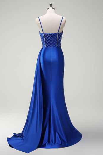 Sparkly Royal Blue Mermaid Beaded Corset Ruched Satin Long Prom Dress with Slit