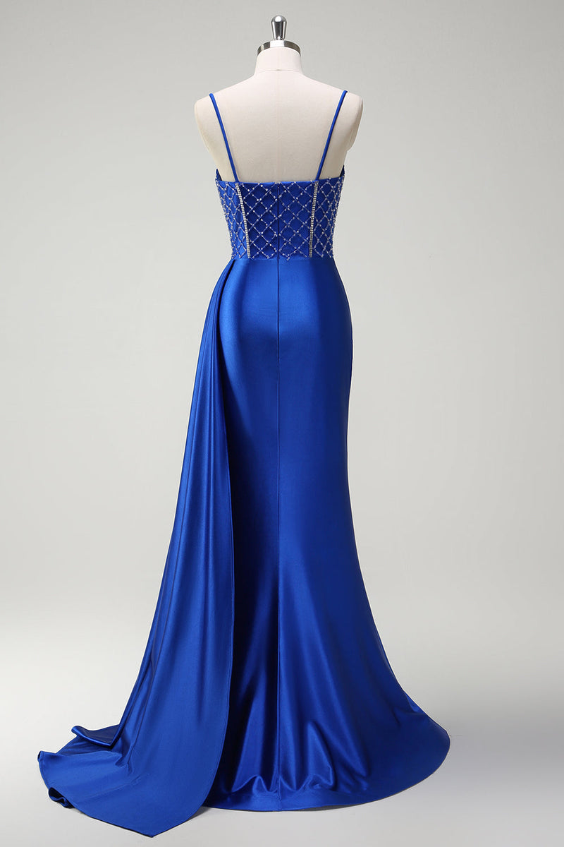 Load image into Gallery viewer, Sparkly Royal Blue Mermaid Beaded Corset Ruched Satin Long Prom Dress with Slit