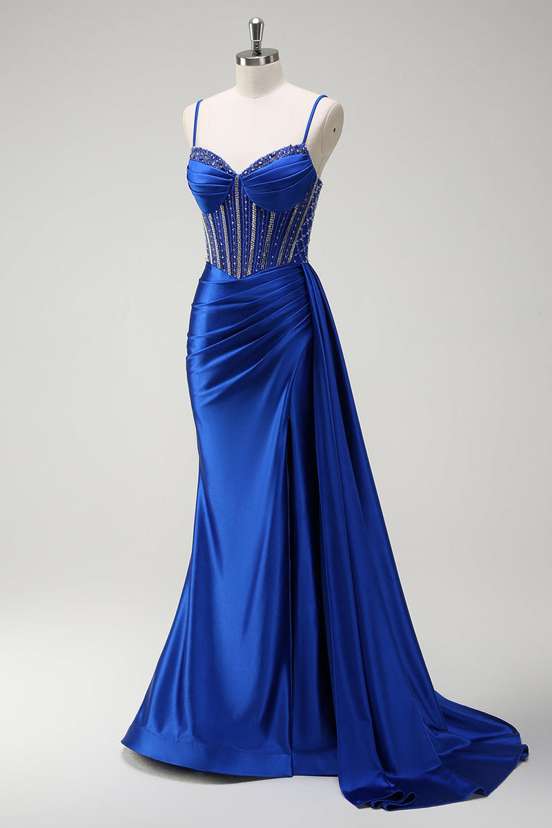 Load image into Gallery viewer, Sparkly Royal Blue Mermaid Beaded Corset Ruched Satin Long Prom Dress with Slit