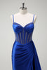 Load image into Gallery viewer, Sparkly Royal Blue Mermaid Beaded Corset Ruched Satin Long Prom Dress with Slit