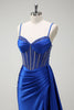 Load image into Gallery viewer, Sparkly Royal Blue Mermaid Beaded Corset Ruched Satin Long Prom Dress with Slit