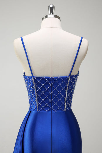 Sparkly Royal Blue Mermaid Beaded Corset Ruched Satin Long Prom Dress with Slit