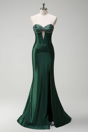 Dark Green Mermaid Beaded Corset Satin Long Prom Dress with Slit