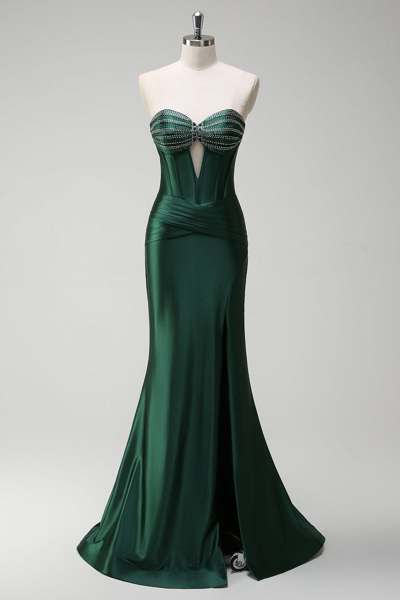 Load image into Gallery viewer, Dark Green Mermaid Beaded Corset Satin Long Prom Dress with Slit