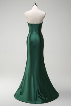 Dark Green Mermaid Beaded Corset Satin Long Prom Dress with Slit