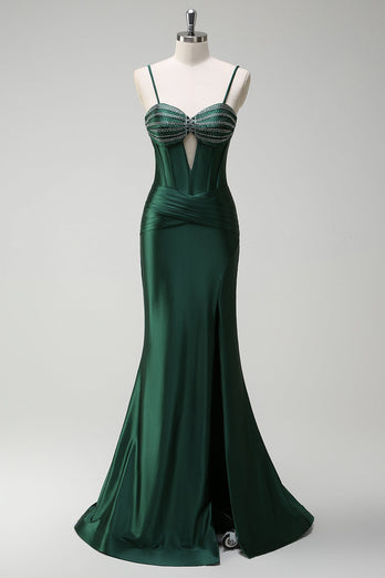 Dark Green Mermaid Beaded Corset Satin Long Prom Dress with Slit