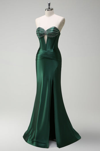 Dark Green Mermaid Beaded Corset Satin Long Prom Dress with Slit