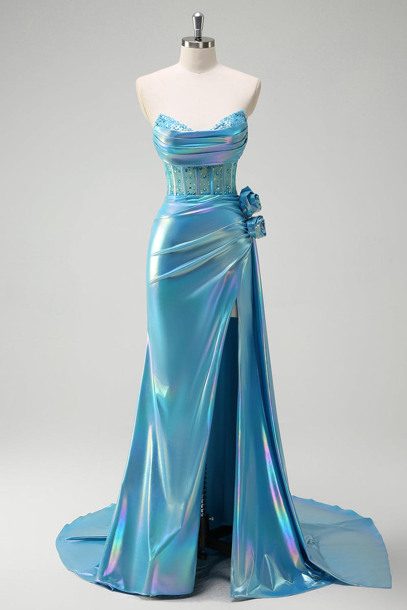 Load image into Gallery viewer, Metallic Blue Mermaid Strapless Corset Flowers Beaded Long Prom Dress with Slit