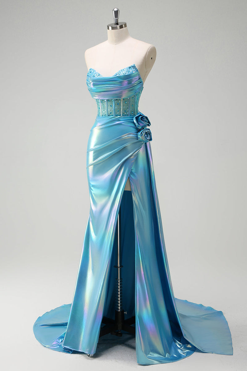 Load image into Gallery viewer, Metallic Blue Mermaid Strapless Corset Flowers Beaded Long Prom Dress with Slit