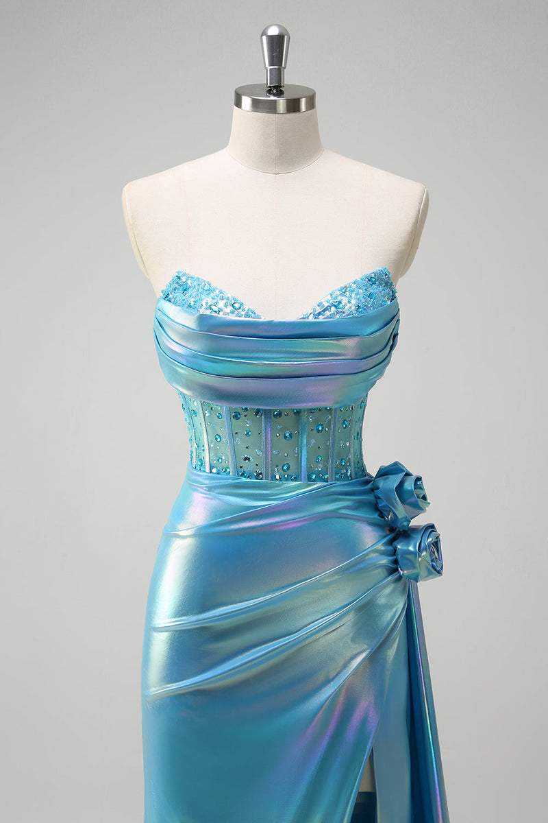 Load image into Gallery viewer, Metallic Blue Mermaid Strapless Corset Flowers Beaded Long Prom Dress with Slit