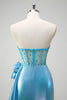 Load image into Gallery viewer, Metallic Blue Mermaid Strapless Corset Flowers Beaded Long Prom Dress with Slit