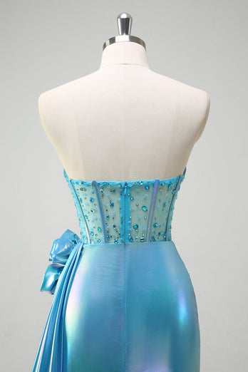 Metallic Blue Mermaid Strapless Corset Flowers Beaded Long Prom Dress with Slit