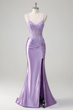 Lilac Mermaid Embroidered Long Plus Size Prom Dress with Slit