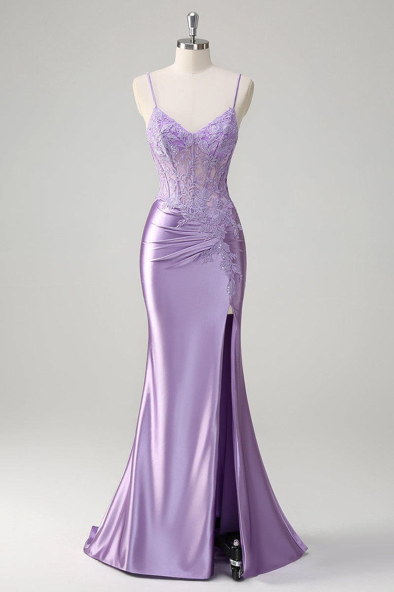 Load image into Gallery viewer, Lilac Mermaid Spaghetti Straps Long Prom Dress with Appliques