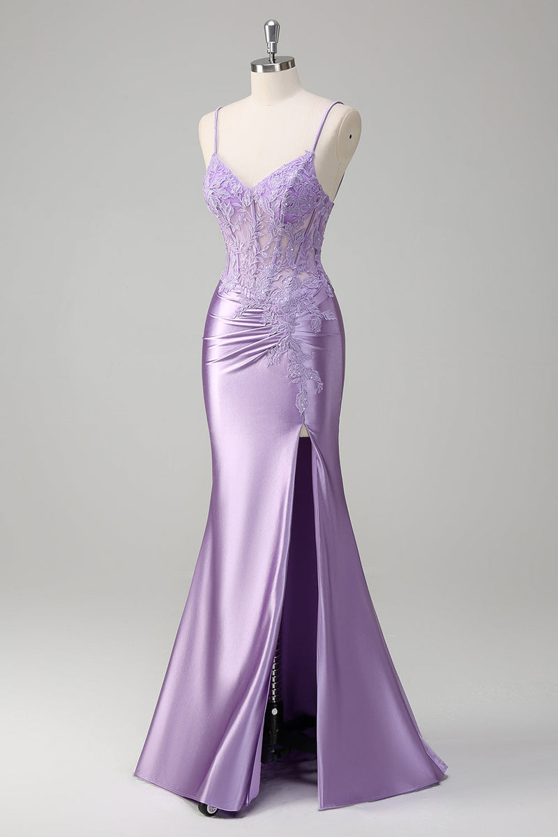 Load image into Gallery viewer, Lilac Mermaid Spaghetti Straps Long Prom Dress with Appliques