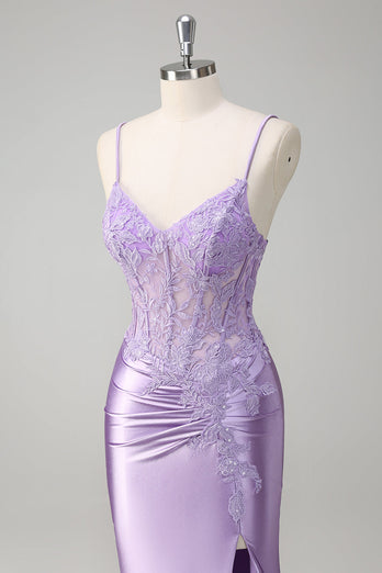 Lilac Mermaid Spaghetti Straps Long Prom Dress with Appliques