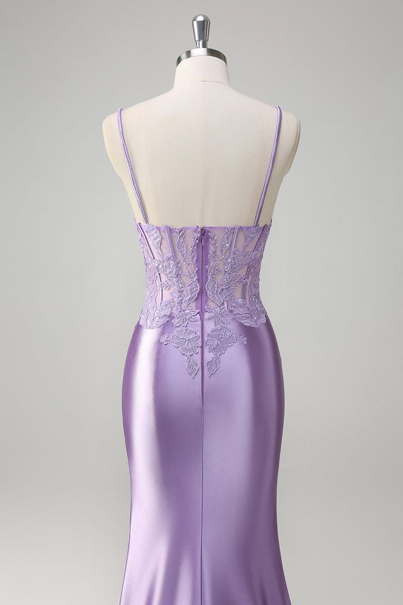 Load image into Gallery viewer, Lilac Mermaid Spaghetti Straps Long Prom Dress with Appliques