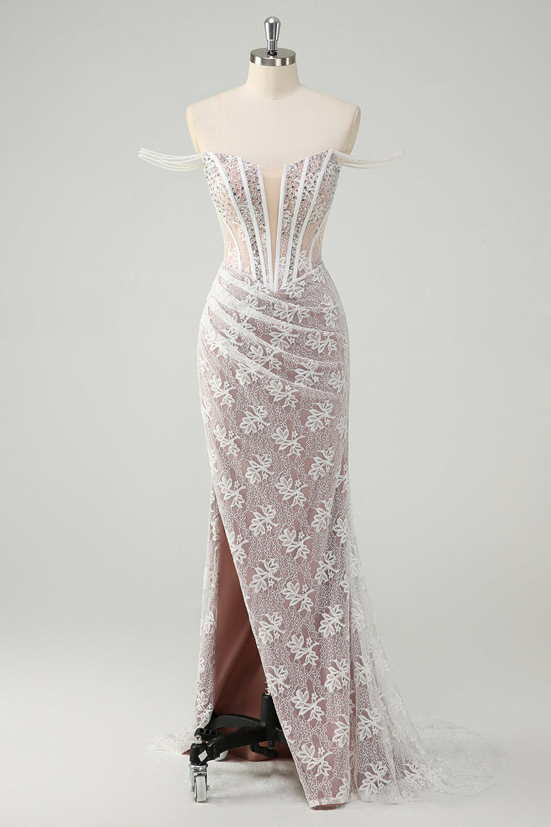 Load image into Gallery viewer, Sparkly White Mermaid Off the Shoulder Beaded Lace Corset Ruched Prom Dress with Slit