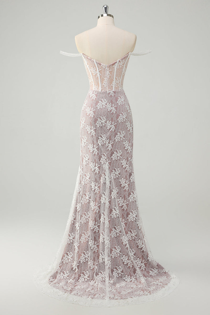 Load image into Gallery viewer, Sparkly White Mermaid Off the Shoulder Beaded Lace Corset Ruched Prom Dress with Slit