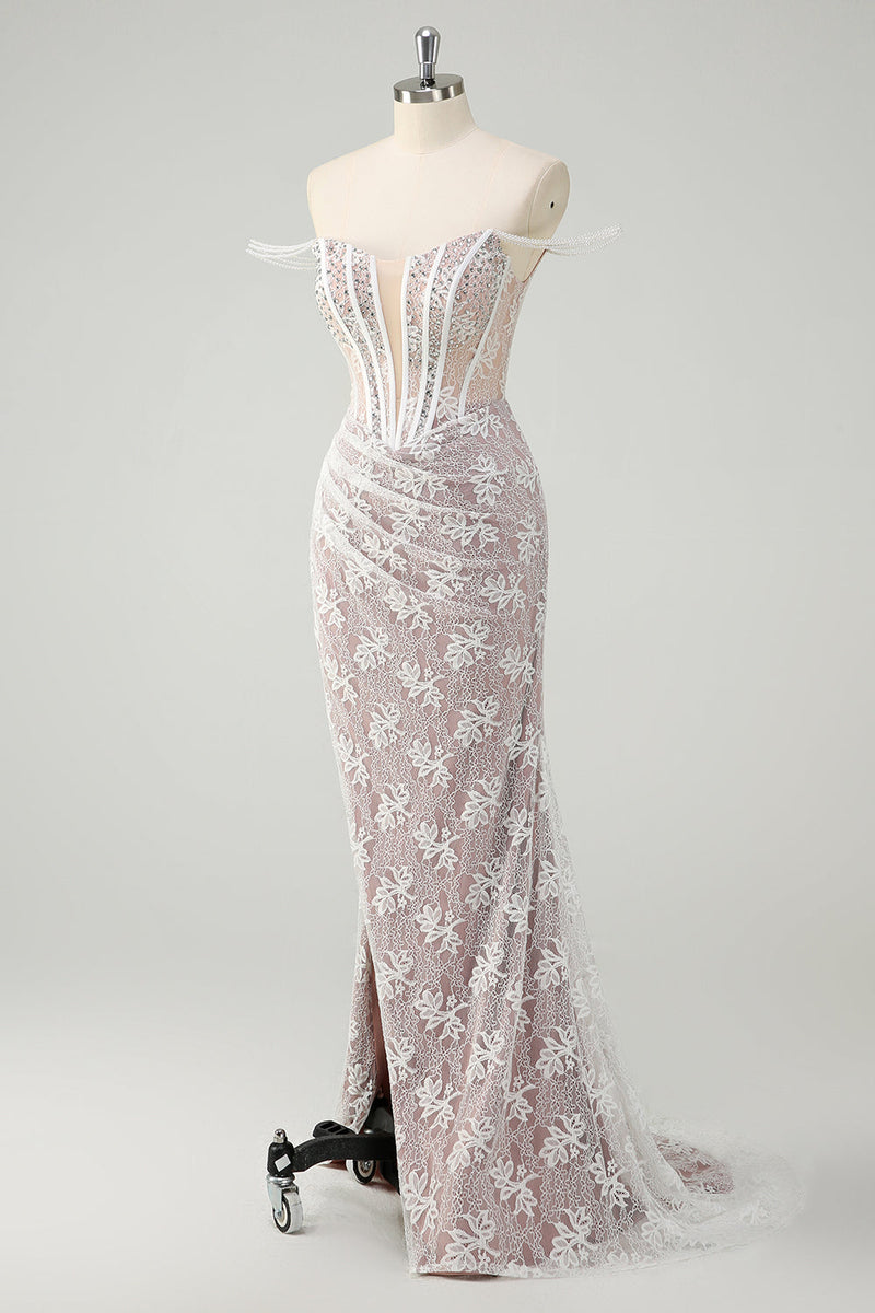 Load image into Gallery viewer, Sparkly White Mermaid Off the Shoulder Beaded Lace Corset Ruched Prom Dress with Slit