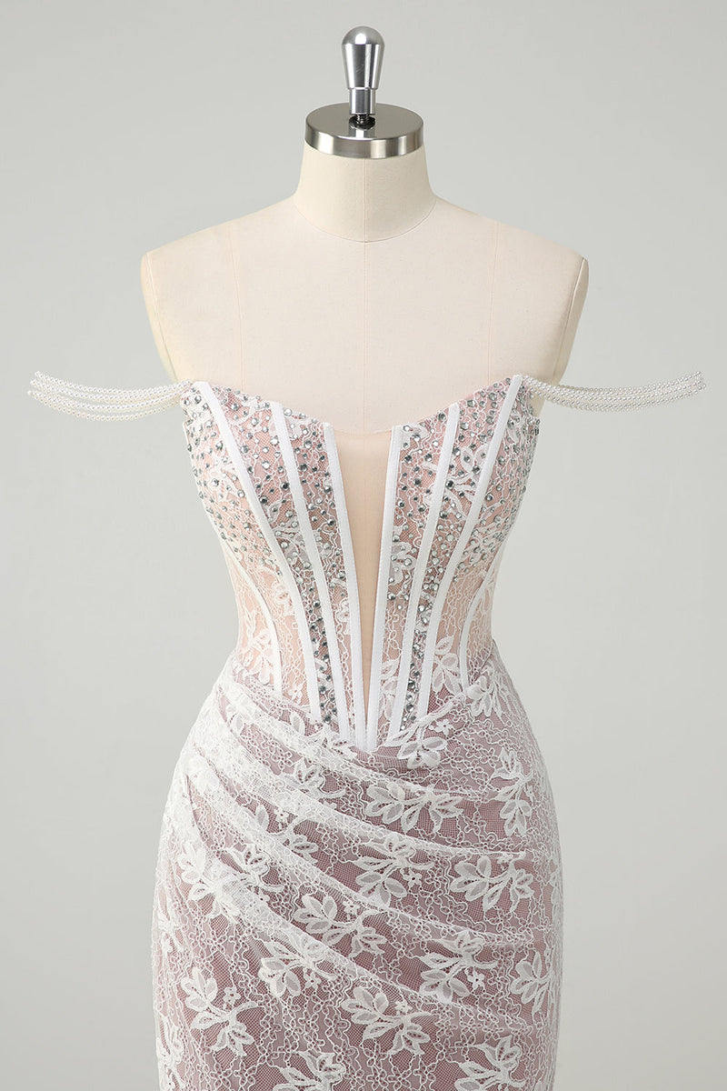 Load image into Gallery viewer, Sparkly White Mermaid Off the Shoulder Beaded Lace Corset Ruched Prom Dress with Slit