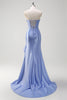 Load image into Gallery viewer, Sparkly Grey Blue Mermaid Strapless Ruffle Corset Satin Long Prom Dress with Slit