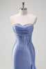 Load image into Gallery viewer, Sparkly Grey Blue Mermaid Strapless Ruffle Corset Satin Long Prom Dress with Slit