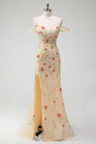 Champagne Mermaid Off the Shoulder Floral Corset Long Prom Dress with Slit