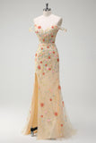 Champagne Mermaid Off the Shoulder Floral Corset Long Prom Dress with Slit