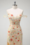 Champagne Mermaid Off the Shoulder Floral Corset Long Prom Dress with Slit