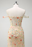 Champagne Mermaid Off the Shoulder Floral Corset Long Prom Dress with Slit