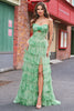 Load image into Gallery viewer, Green Floral A Line Strapless Ruffles Long Prom Dress with Slit