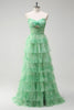 Load image into Gallery viewer, Green A-Line Strapless Floral Flower Ruffles Long Prom Dress with Slit