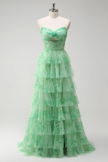 Green A-Line Strapless Floral Flower Ruffles Long Prom Dress with Slit