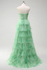 Load image into Gallery viewer, Green A-Line Strapless Floral Flower Ruffles Long Prom Dress with Slit