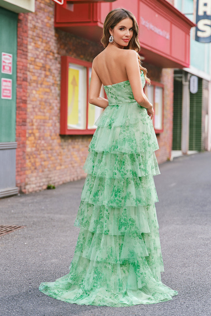 Load image into Gallery viewer, Green Floral A Line Strapless Ruffles Long Prom Dress with Slit