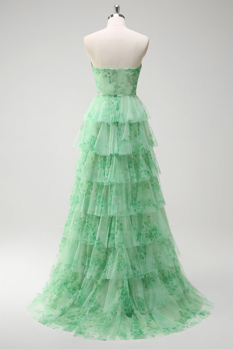 Load image into Gallery viewer, Green Floral A Line Strapless Ruffles Long Prom Dress with Slit