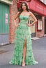 Load image into Gallery viewer, Green Floral A Line Strapless Ruffles Long Prom Dress with Slit