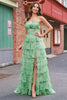 Load image into Gallery viewer, Green Floral A Line Strapless Ruffles Long Prom Dress with Slit