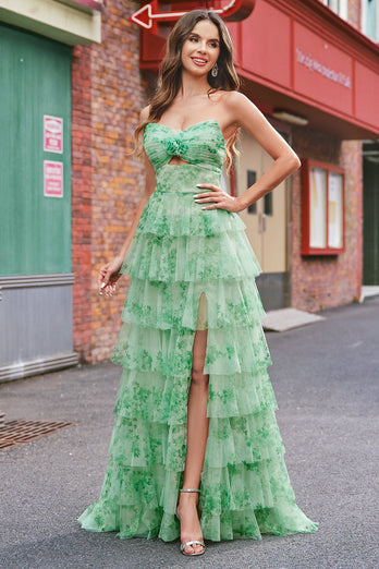 Green Floral A Line Strapless Ruffles Long Prom Dress with Slit