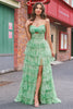 Load image into Gallery viewer, Green Floral A Line Strapless Ruffles Long Prom Dress with Slit