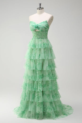 Green A-Line Strapless Floral Flower Ruffles Long Prom Dress with Slit