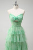 Load image into Gallery viewer, Green A-Line Strapless Floral Flower Ruffles Long Prom Dress with Slit