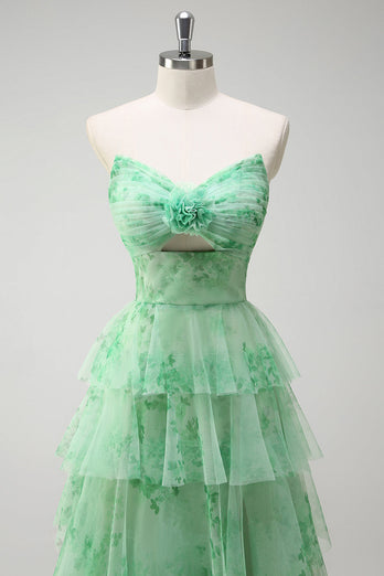 Green A-Line Strapless Floral Flower Ruffles Long Prom Dress with Slit