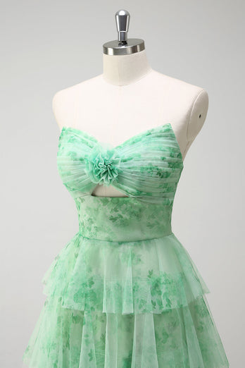 Green A-Line Strapless Floral Flower Ruffles Long Prom Dress with Slit